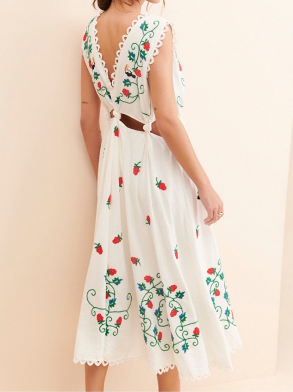 Farm Rio Cross Stitch Toucan Embroidered Midi Dress Linen Blend - Picture 2 of 7